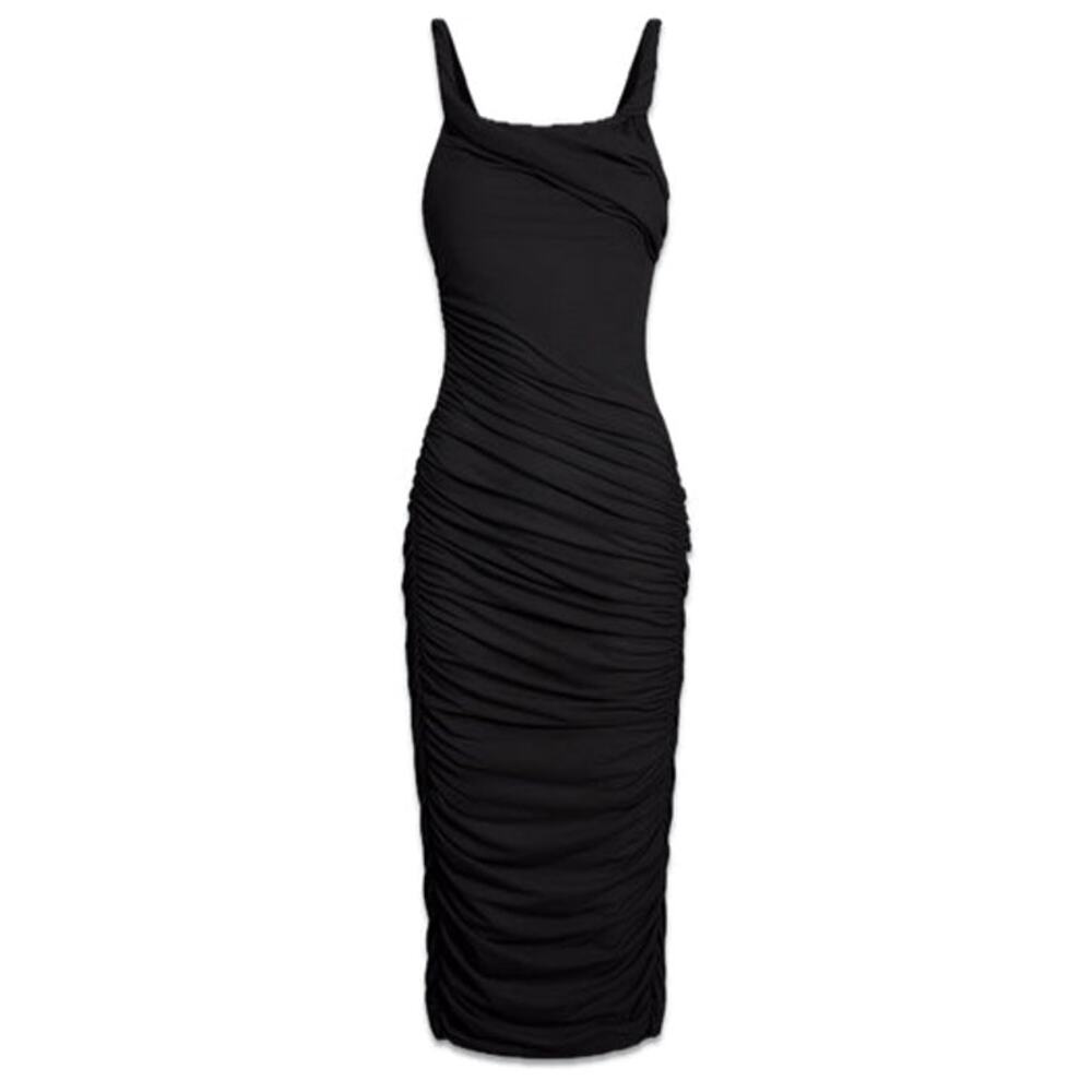 Reformation Laura Harrier Alycia Ruched Black Midi Dress Womens M